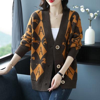 Women's Plus Size Knitted Cardigan Sweater Spring Autumn V-Neck Printed Knit Sweater Jacket Casual Loose Knit Jacket
