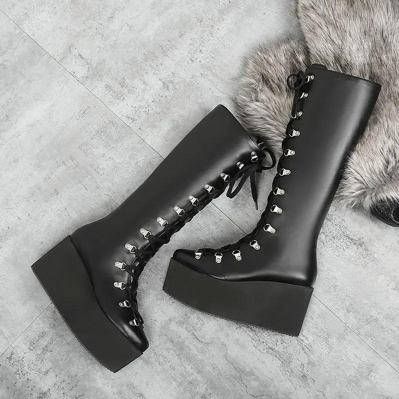 Herbst Winter Stiefel Nachtclub Stiefel Schnürung vorne Bühnenschuhe Super Hoher Absatz Weiß Keilabsatz Dicke Sohle Hoher Schaft Stiefel