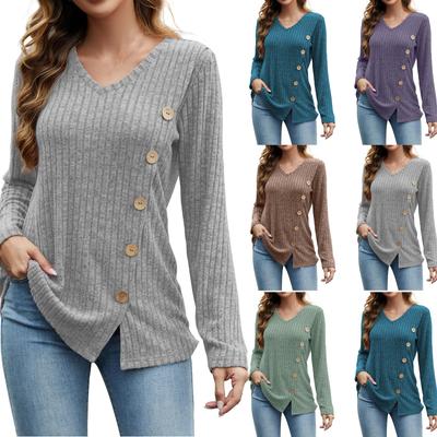 Women's Solid Color Fashion Long Sleeve Strip False Button Loose Top