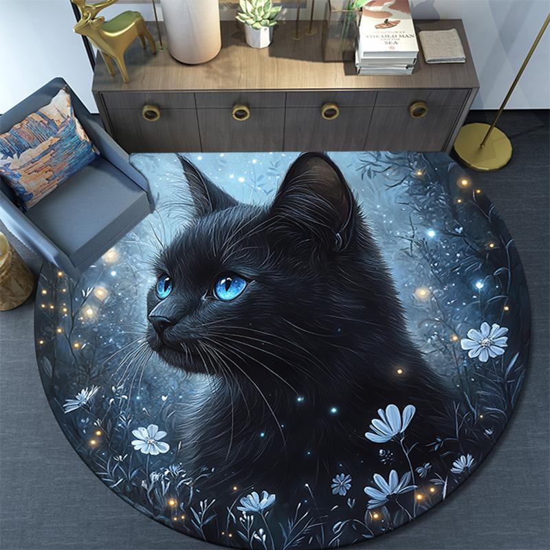Magical Black Cat Round Area Rug,Carpet Rug for Living Room Bedroom Sofa Playroom Decor,Non-slip Floor Mat