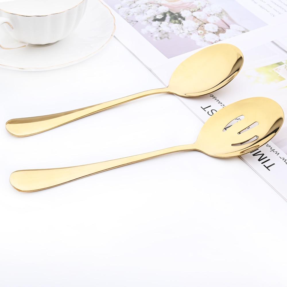 Gold Dinnerware Set Buffet Dinner Restaurant 8Pcs Service Spoon Colander Stainless Steel Cutlery Set Silver Mirror Tableware Set