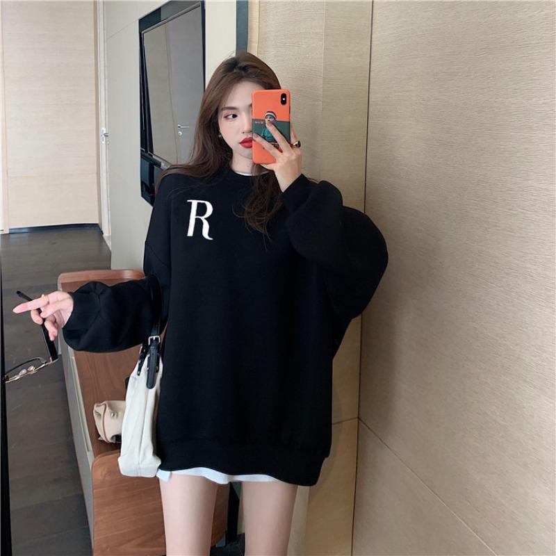 Women Loose Bf Style Retro Korean Casual Long Sleeve Hoodless Pullover Sweatshirt