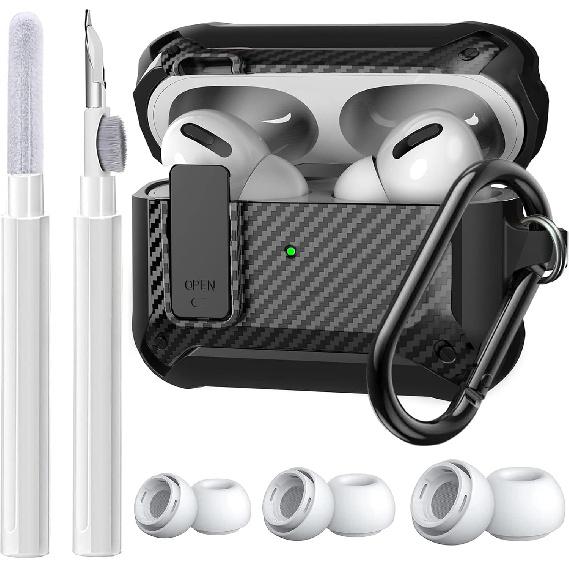 Olytop for Airpods Pro 2 Gen/Pro Case Lock with Cleaner kit&Replacement Ear Tips(S/M/L), Rugged Air Pod Pro 2nd/1st Generation Protective Cover for