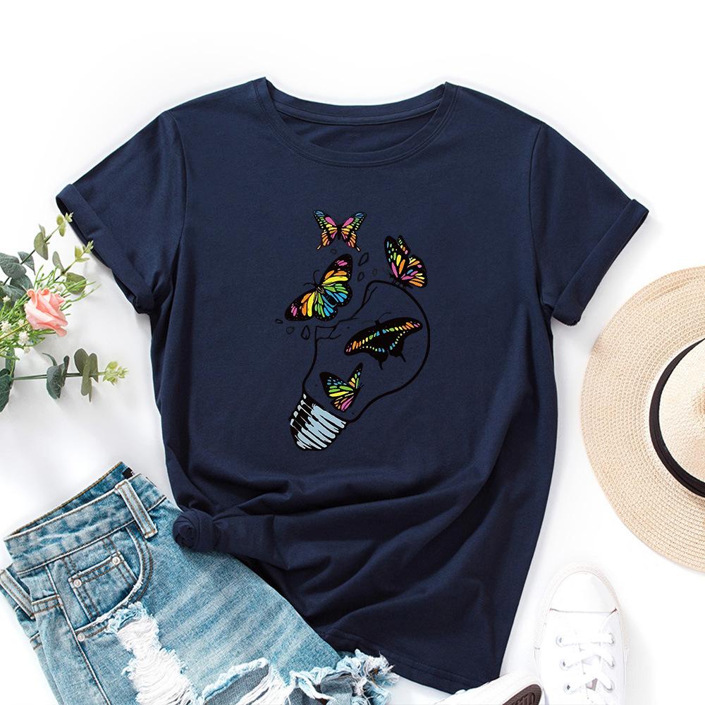 Butterfly Freedom Lamp Cotton T-Shirt Short Sleeve Round Neck Women 2d Print Tops
