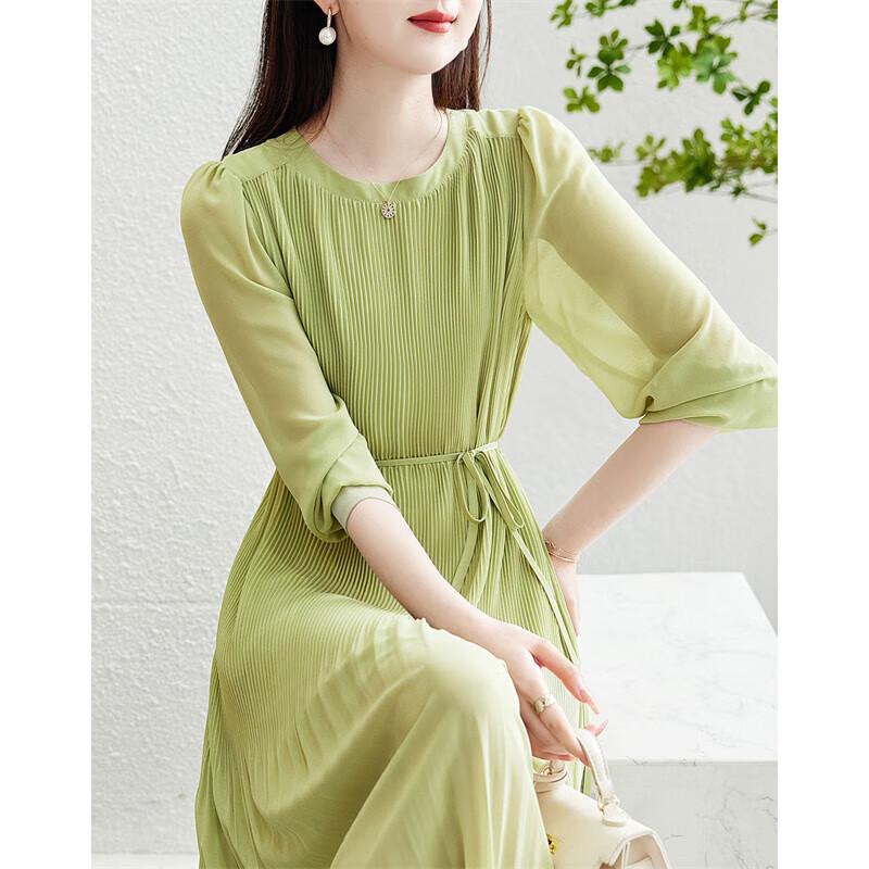 

DME Round Neck Pleated Puff Sleeve A-Line Midi Dress L