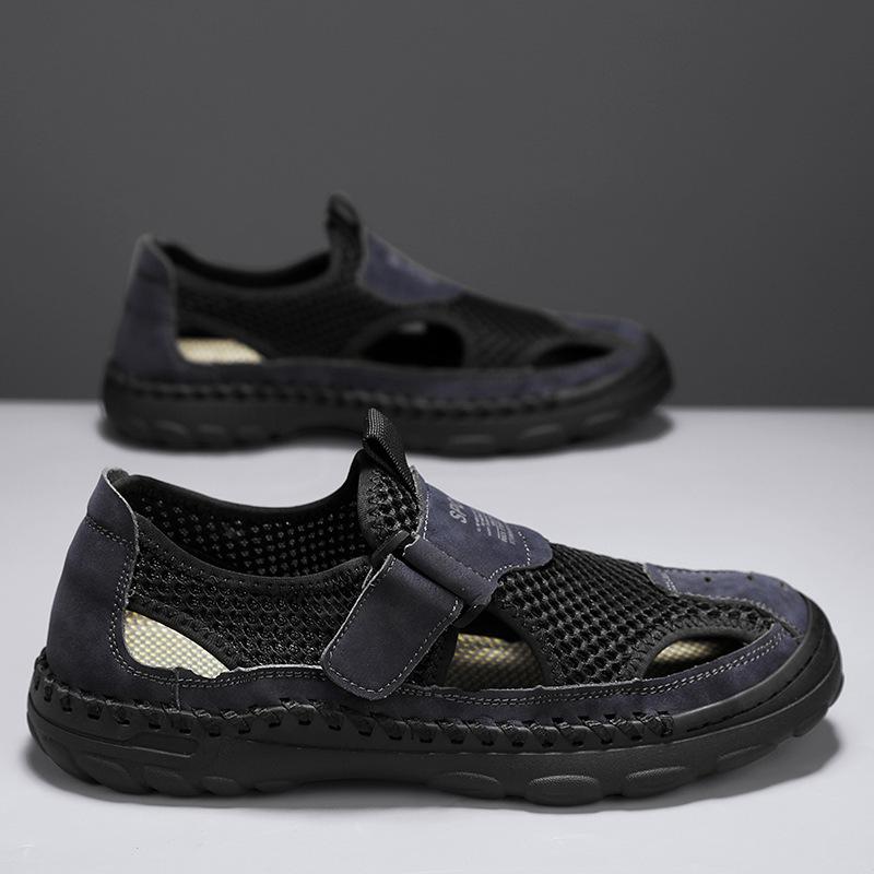 

Сандалии мужские летние 2024 года, новая верхняя одежда для вождения, легкие классные тапочки, мужские спортивные дышащие сетчатые туфли с отверстиями 38 синий