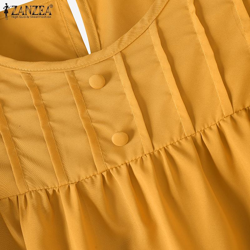 ZANZEA Damen Sommerbluse mit Rundhalsausschnitt, kurzen Ärmeln, gestreift, Rüschen