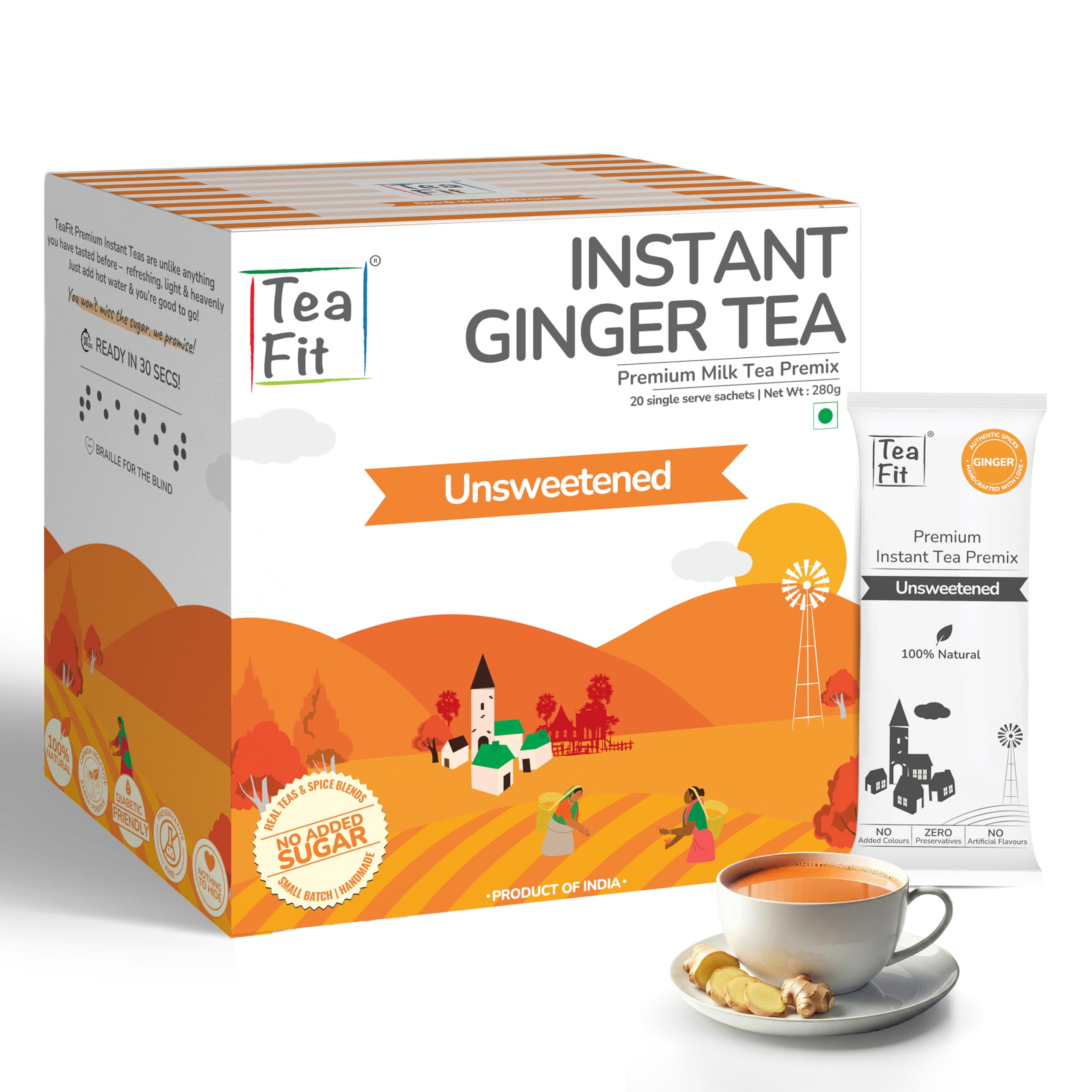 TeaFit NO SUGAR Instant Ginger Tea Premix (Pack of 20 Sachets) | Kadak Ginger Adrak Chai | Immunity Boosting Ayurvedic | Sugar Free Chai | Diabetic