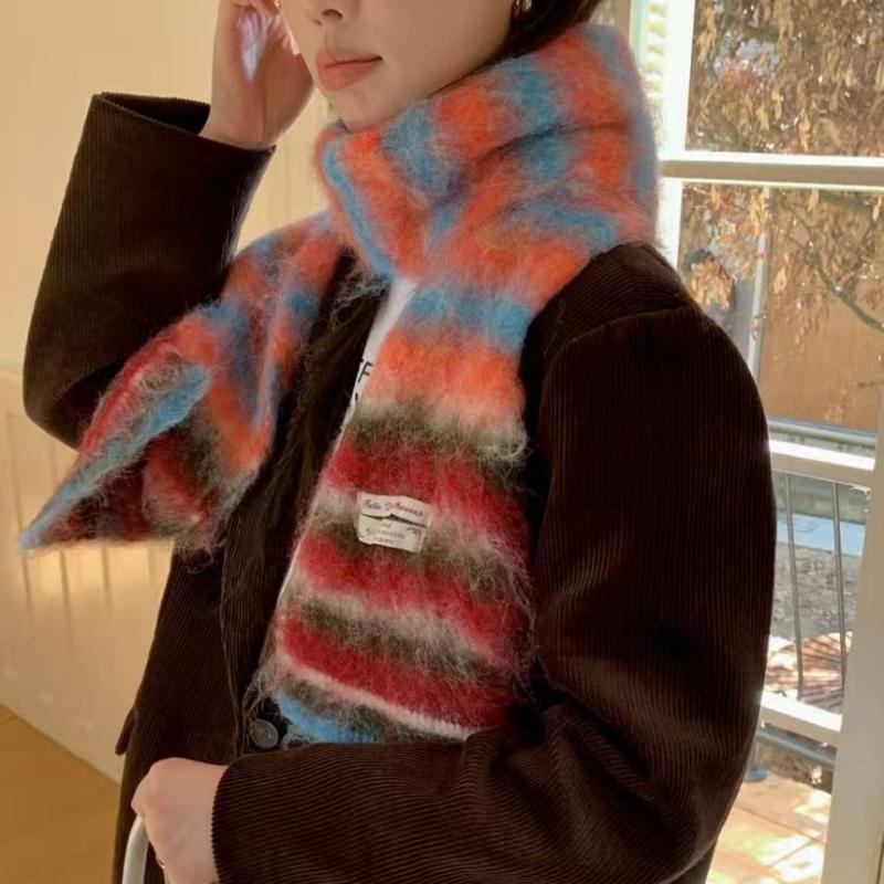 Thick Woolen Knitted Scarf Autumn Winter Rainbow Color Block Striped Versatile Anti-Cold Shoulder Wrap Scarf