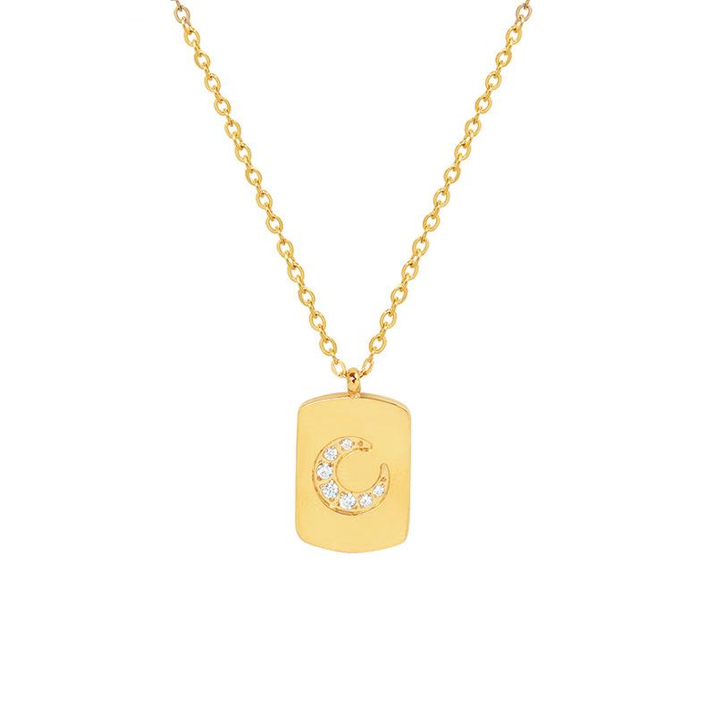 Style Square Brand Moon Pattern Zircon Inlaid Collarbone Chain, Stainless Steel Plated 18K Real Gold Necklace P108
