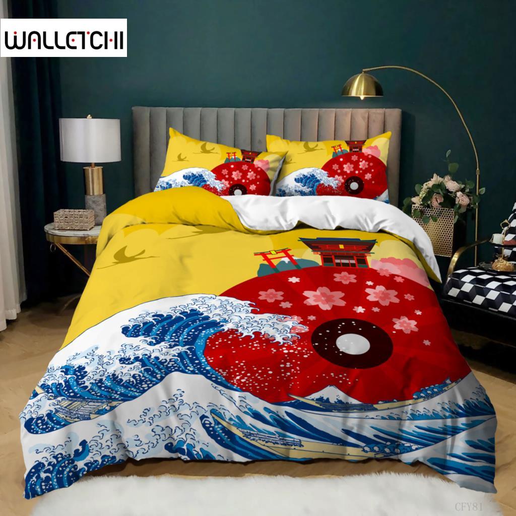 

Комплект постельного белья в японском стиле из микрофибры King Sea Wave Cherry Blossoms, комплект постельного белья для близнецов в японском стиле с изображением восточных мотивов EU single(135x200cm)
