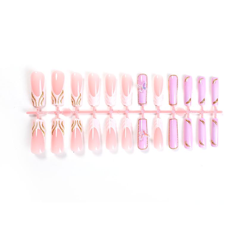 

3D French Butterfly Gold Glitter Press-On Nails with Removable Glue Line