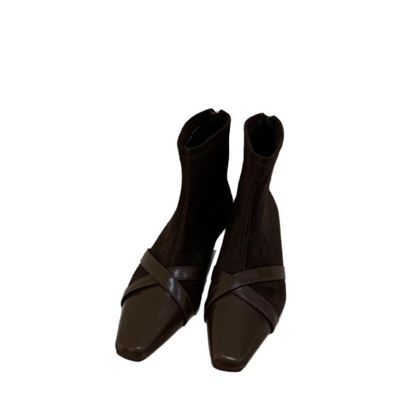 Korean Version of Square Head Suede Splicing Fashion Boots for Women 2025 Autumn and Winter New Temperament Thin Boots Rear Zipper Short Boots for W