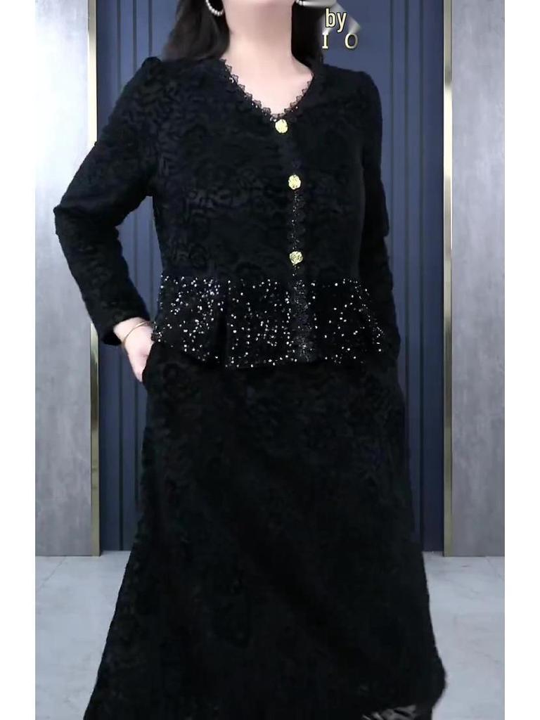 Spring Luxury Sequin Lace Velvet Embroidered Casual Dress for Plus-Size Women
