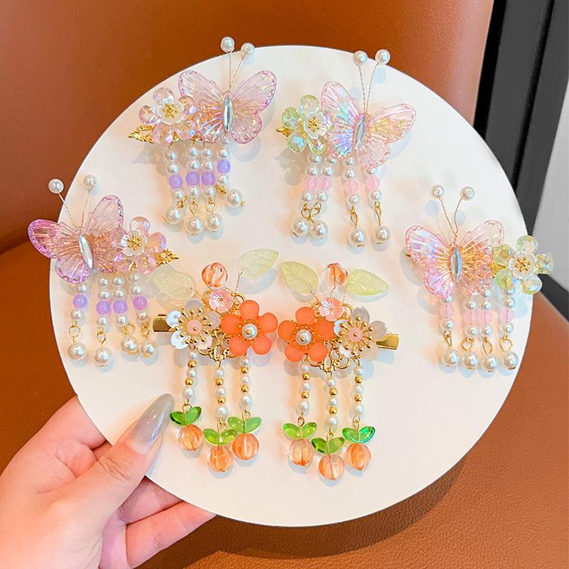 Children's Traditional Hanfu Headdress Hair Clips with Tassels - Handmade Pair for Girls