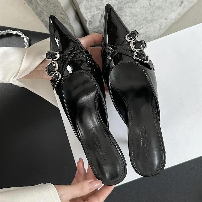 2025 Summer Pointed Toe Shoes Women Pumps Slipper Fashion Decoration Buckle Shallow Slip on Ladies Mules Shoe 4cm High Slides