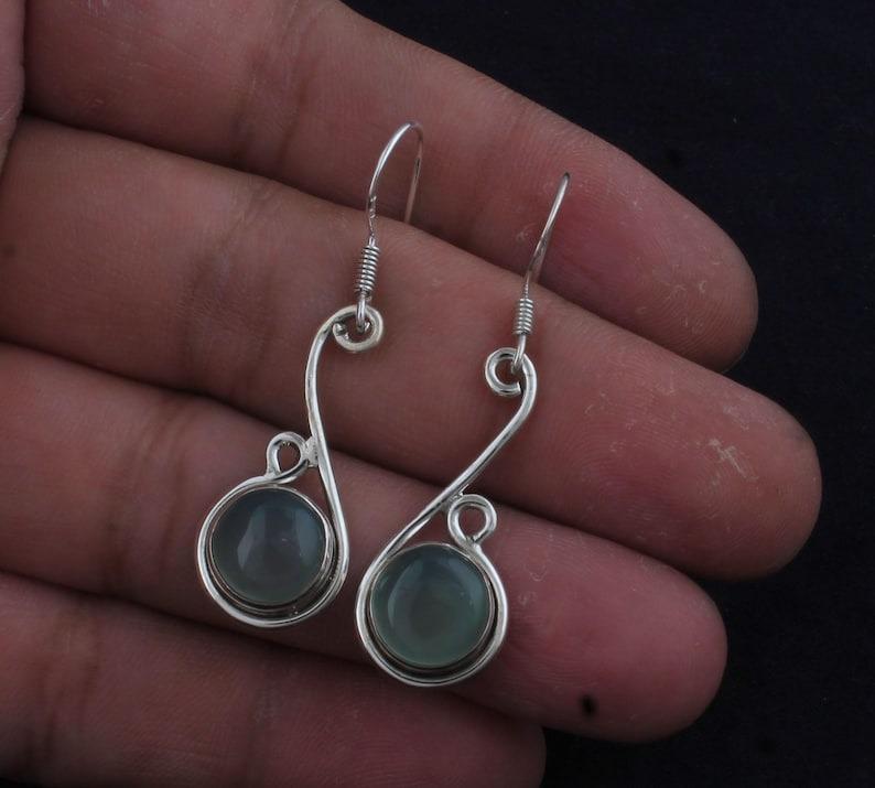 Solide 925 Sterling Silber Ohrringe Aqua Chalcedon Edelstein Damen Hängende Tropfenohrringe Geschenk für Sie