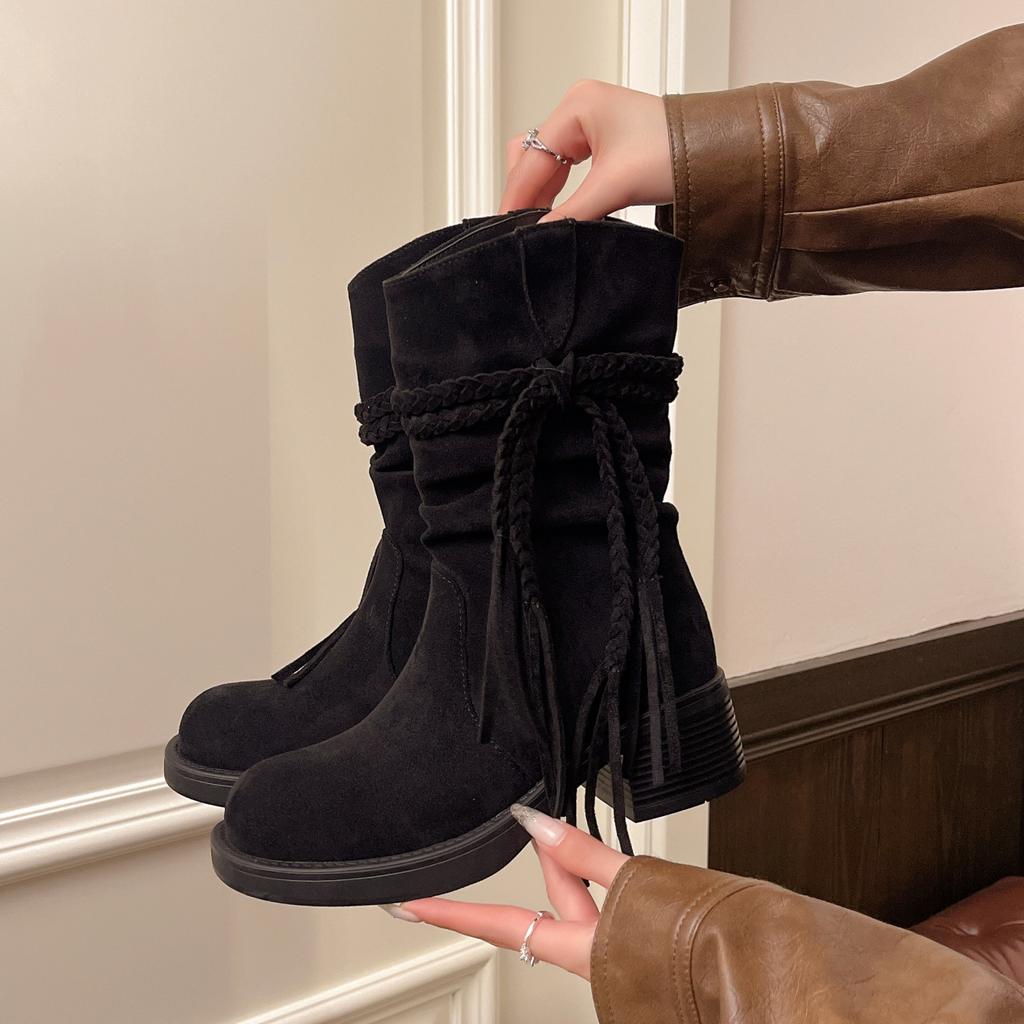2025 show model brown fringed Martin boots women's retro wasteland wind foreign gas pleated pile boots western knight boots