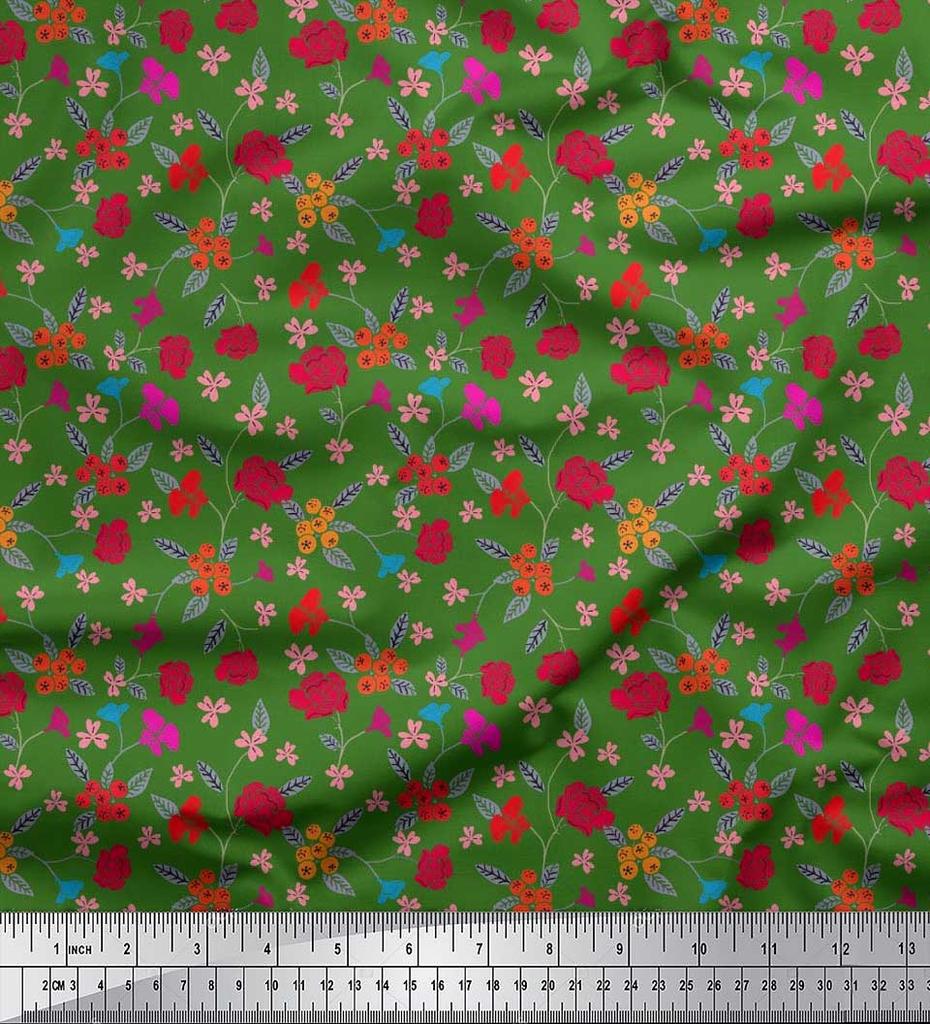Soimoi Japan Crepe Satin Fabric Berries,Leaves & Floral Artistic Print Fabric by the Metre 42 Inch