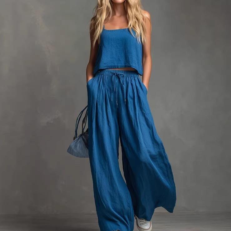 1116 European beautiful women's new solid color casual suspender top wide-leg pants set