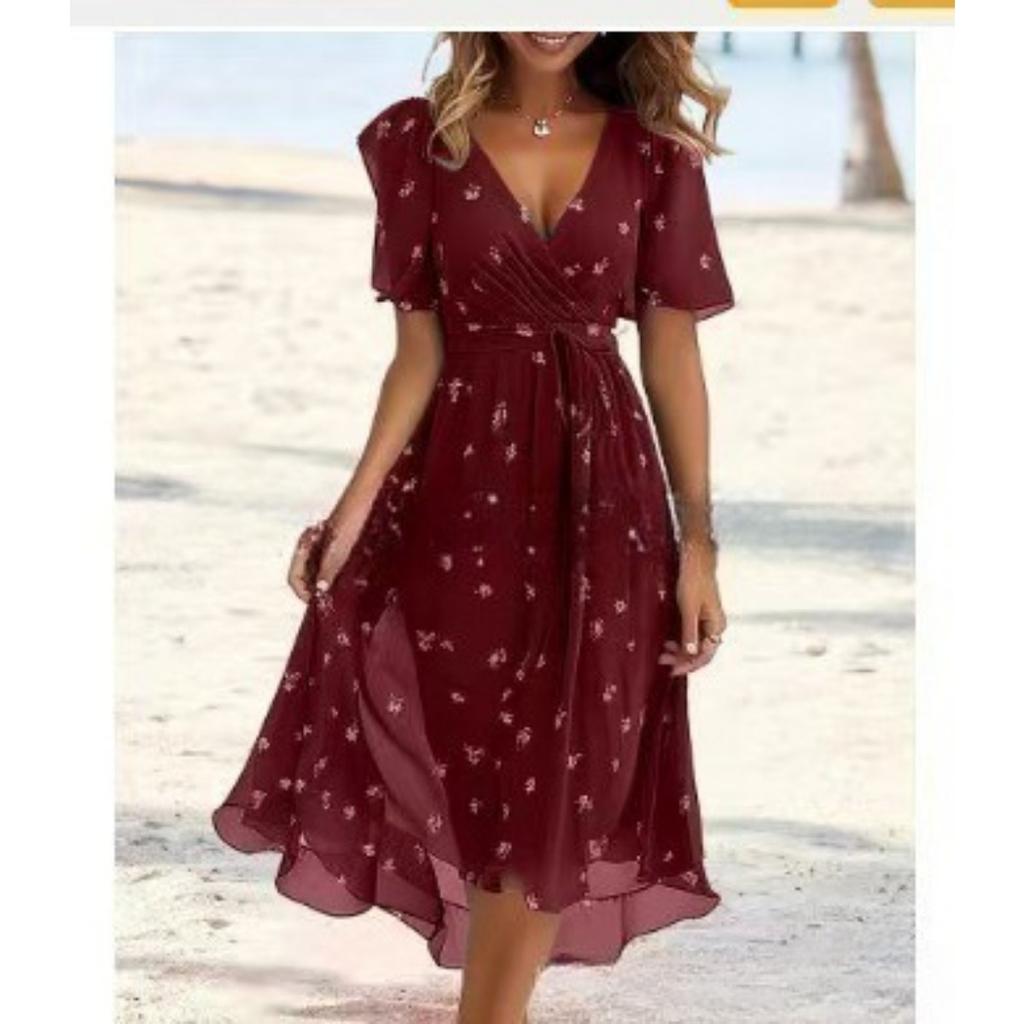 Rochie Maxi A-Line de Damă cu Gât Rotund, Mânecă Scurtă, Imprimeu 3D și Finisaj Spălat cu Nisip