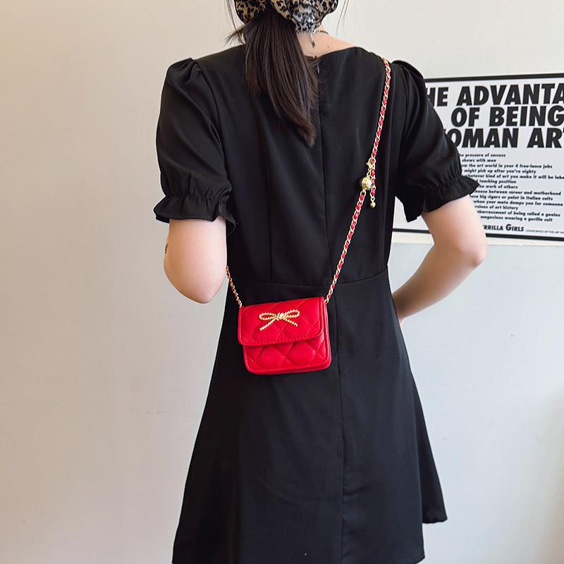 Bow Simple Golden Decoration Solid Color Leather Children Chain Bag Shoulder