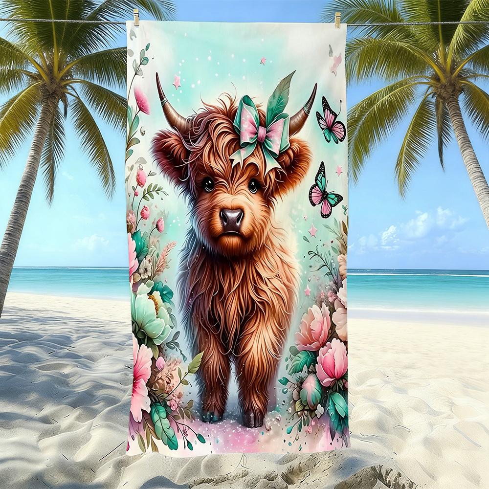 Europäisches und Amerikanisches Retro Hochlandrind Druck Strandtuch Mikrofaser Verdickt Wasseraufnahme Schnelltrocknend Outdoor Badetuch