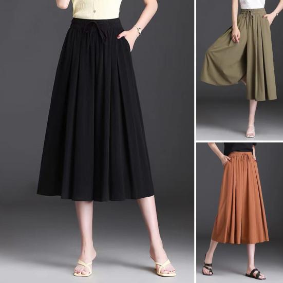 Damen Cropped-Hose, elastische hohe Taille, verstellbarer Kordelzug, Culottes, einfarbig, weites Bein, Freizeithose für den Alltag