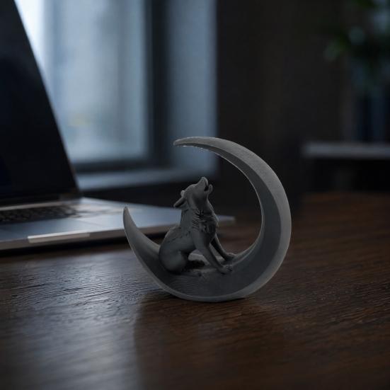 3D Printed Howling Wolf Statue, Wolf On Moon Figurine, Black Wolf Sculpture for Home Office Study Room Desktop Decor