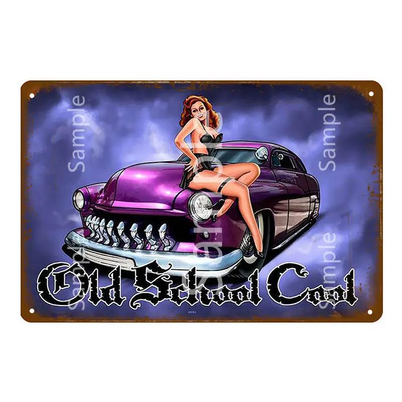 Plakat na ścianę garażu Samochód Pin Up Girl Retro Vintage Dekoracja Metalowy Blaszany Znak Do Jaskini Mężczyzny Sklepu Klubu Baru Dekoracja Ścienna YL078