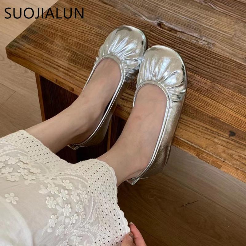 Fashion SUOJIALUN 2025 Autumn Women New Brand Flat Shoes Fashion Pleated Shallow Slip On Single Shoes Soft Flat Heel Outdoor Ballet Shoe