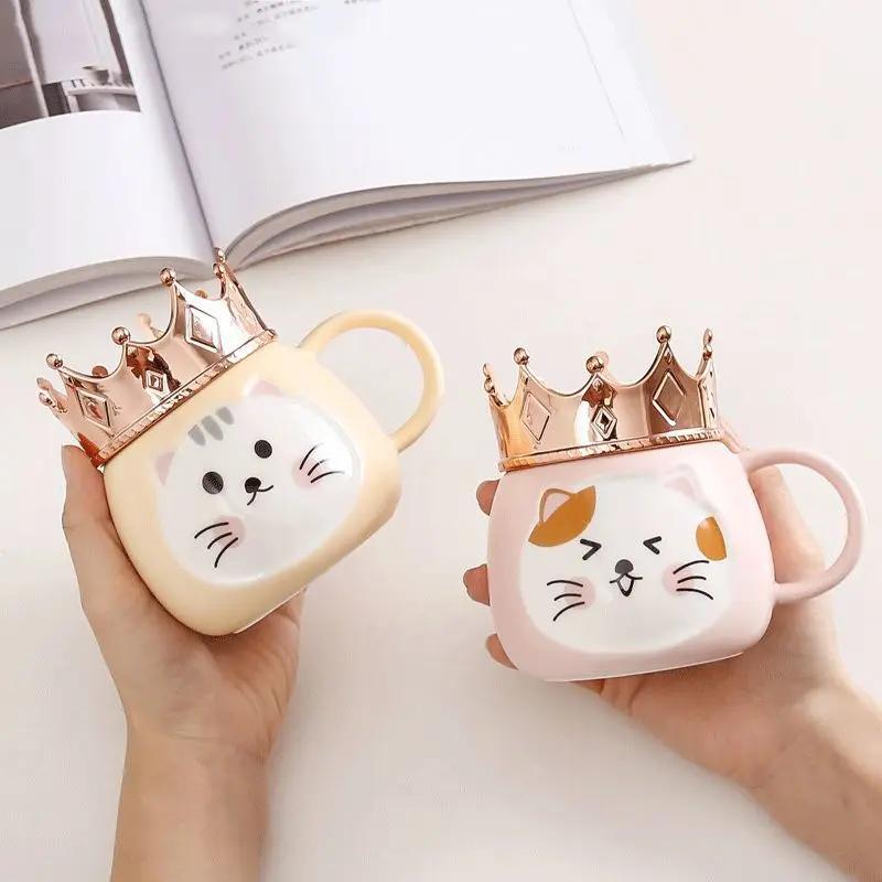 Hrnček s držákem na mobilní telefon ve tvaru korunky, Kreslený keramický hrnek s kočkou, Vysoce hodnotné dívčí sklenice na vodu, Dárkové nápojové nádobí