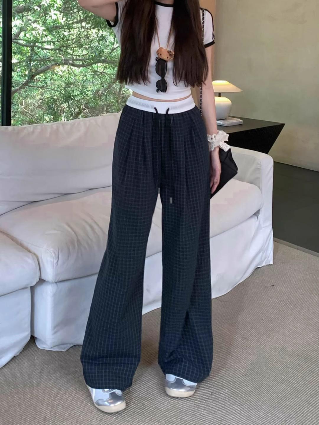 

Women s Retro Plaid Wide-Leg High Waist Pants - Spring Casual Loose Fit Large темно-синий