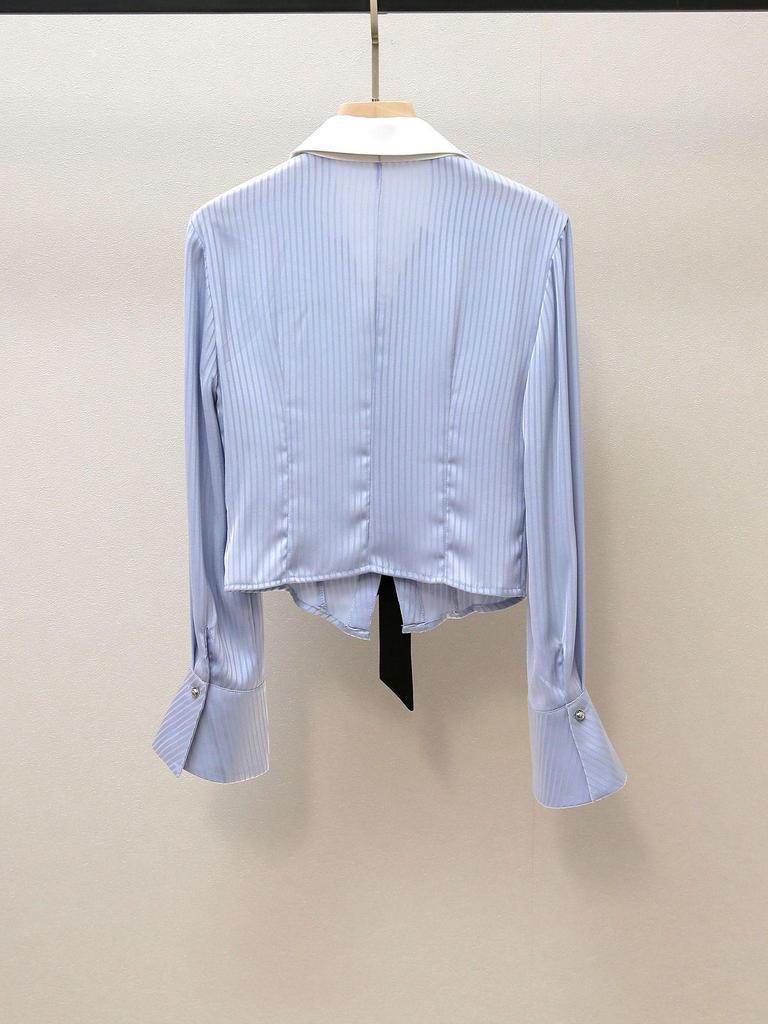Autumn Women's Striped Shirt with Bow Tie & Flared Sleeves