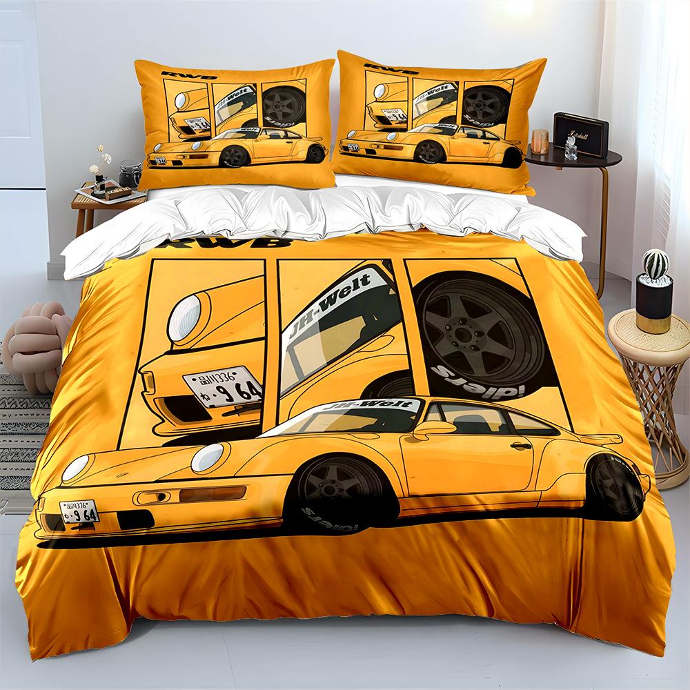 Classic Orange Sports Car Design Bedding Set for Kids Luxury Gift 3pcs Digital Print Comforter Set Soft Comfortable Breathable