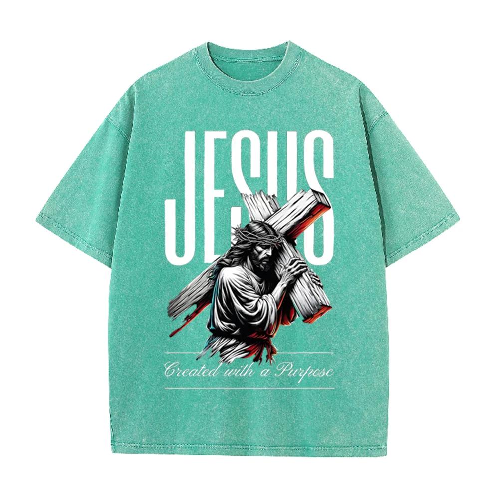 2026 Vintage Washed Black Religious Jesus Cross Graphic T Shirt Created With A Purpose Faith Print Oversized Casual Short Sleeve