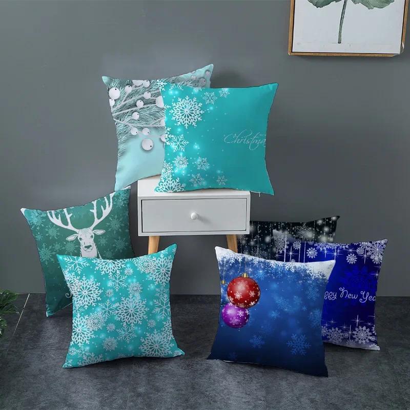 2022 Happy New Year Home Party Decor Cushion Cover Christmas Blue Snowflake Cartoon Printed Pillow Cover Xmas Pillowcase 45x45cm