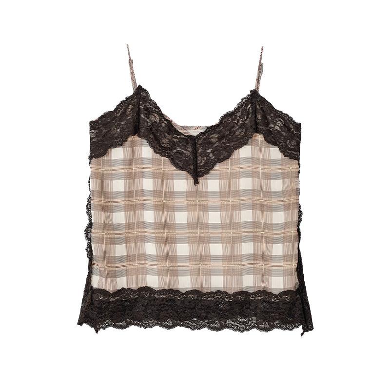 Summer Vintage Hottie Sexy Lace Edge V-Neck Plaid Suspender Vest Women S