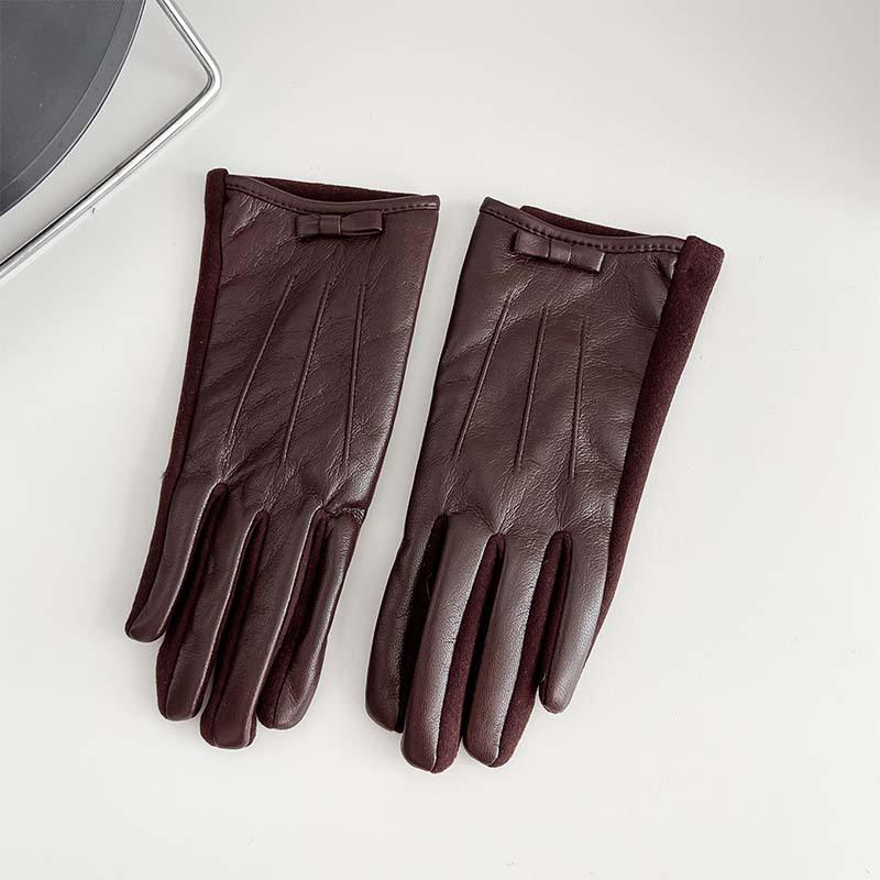 New Leather Finger Gloves for Women's Winter Outdoor Cycling, Warm and Cold Proof, Solid Color, High-end Feeling Gloves