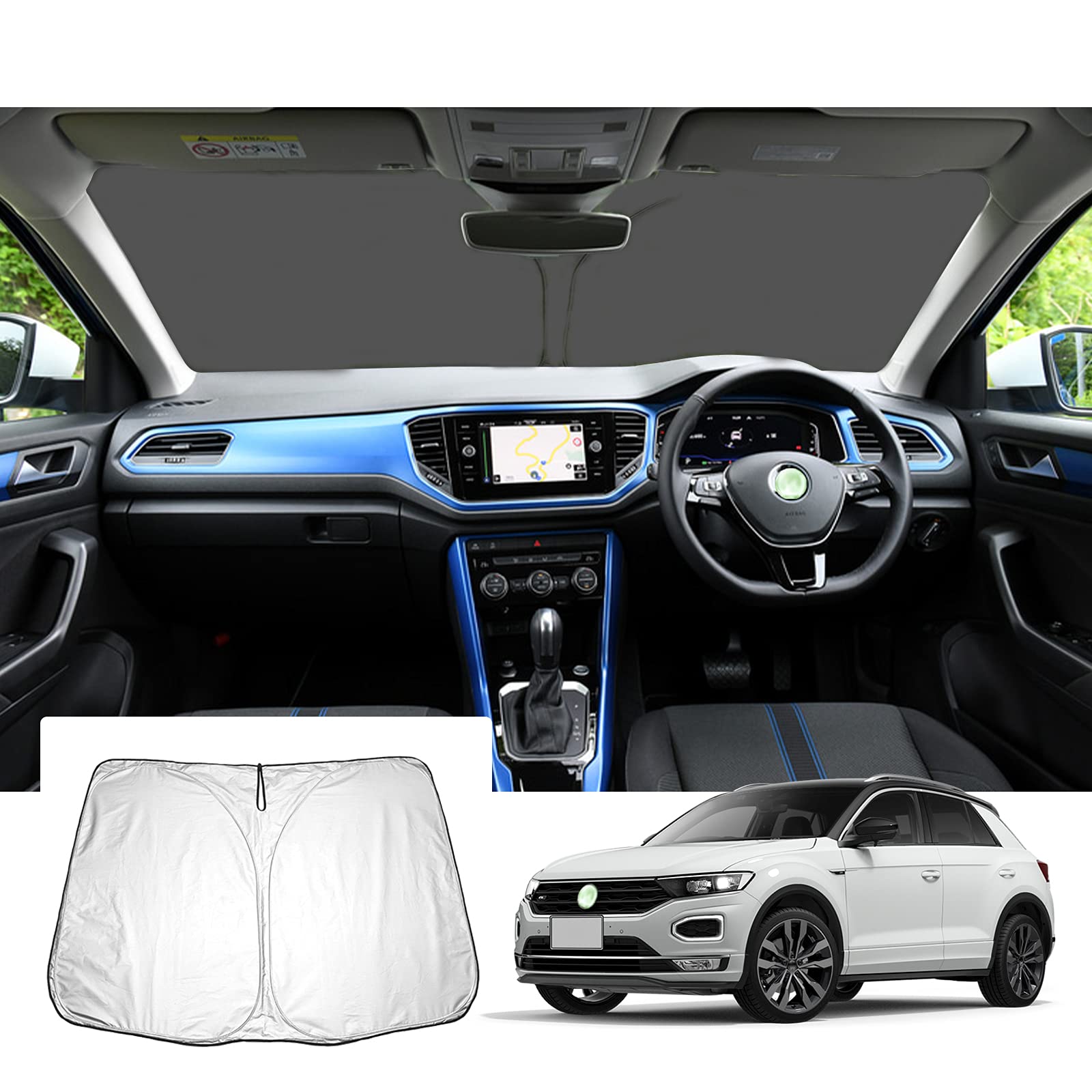 GAFAT Car Sunshade for Volkswagen SUV UV Windshield Sunshade by Light Heat UV Sunshade with Storage Easy Car Interior Security T-Roc T-Roc