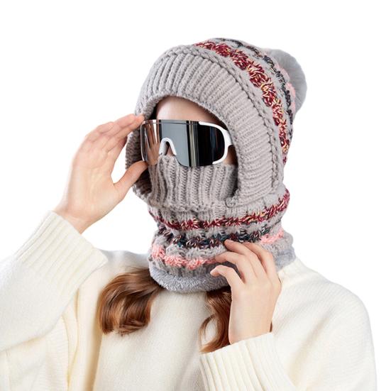 Women Hat with Long Scarf Full Face Guard Warm Knit Thermal Fleece Winter Ski Hat Patchwork Color Plush Ball Decor Cold Weather Headgear
