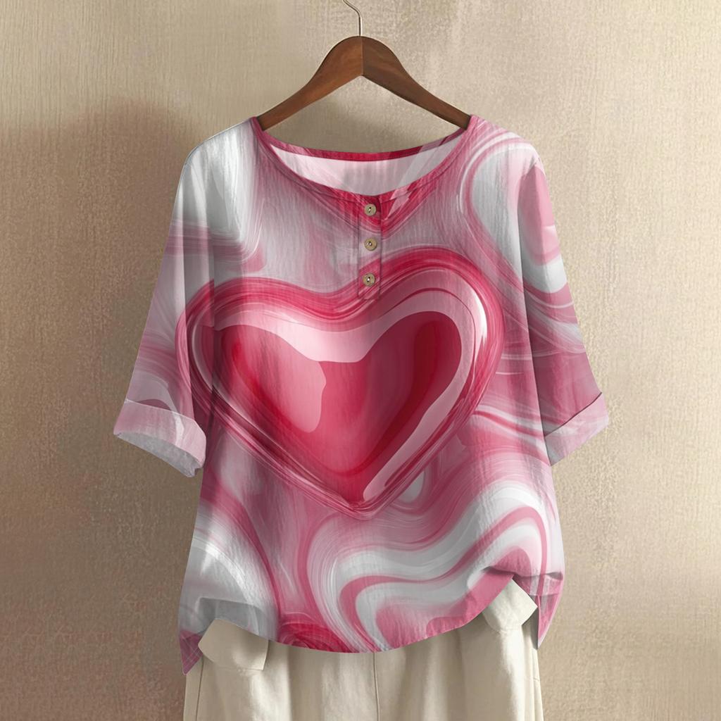 Damska koszulka z nadrukiem na Walentynki, casualowa, z krótkim rękawem, okrągłym dekoltem, z bawełny i lnu