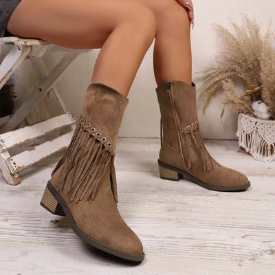 Übergrößen-Stiefel mit Fransen, Damen, runde Spitze, mittelhoher Blockabsatz, Vintage-Western-Cowboy-Stiefel, Nubuk-Mode-Stiefeletten