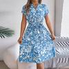 Spring And Summer Casual V-neck Button-down Short-sleeved Flower Swing Dress Cross-border Women's Clothing