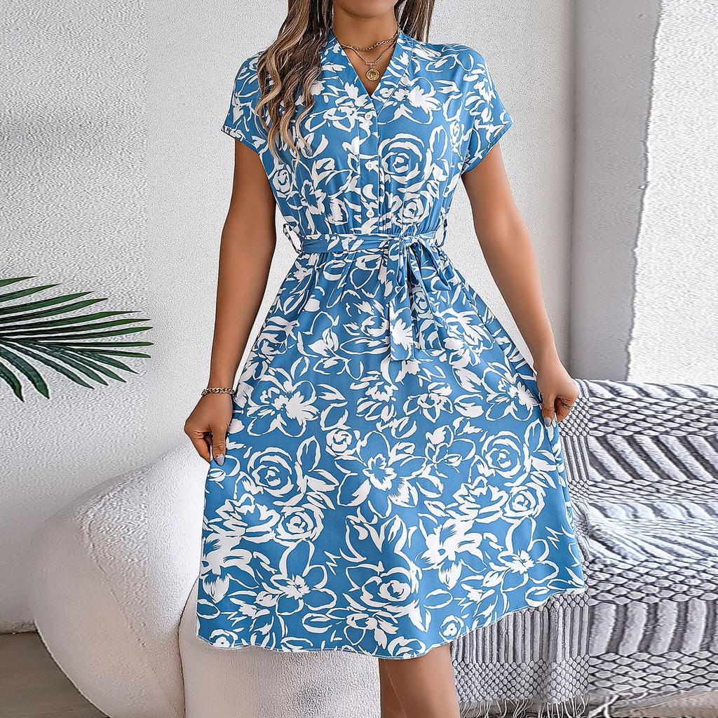 Spring And Summer Casual V-neck Button-down Short-sleeved Flower Swing Dress Cross-border Women's Clothing