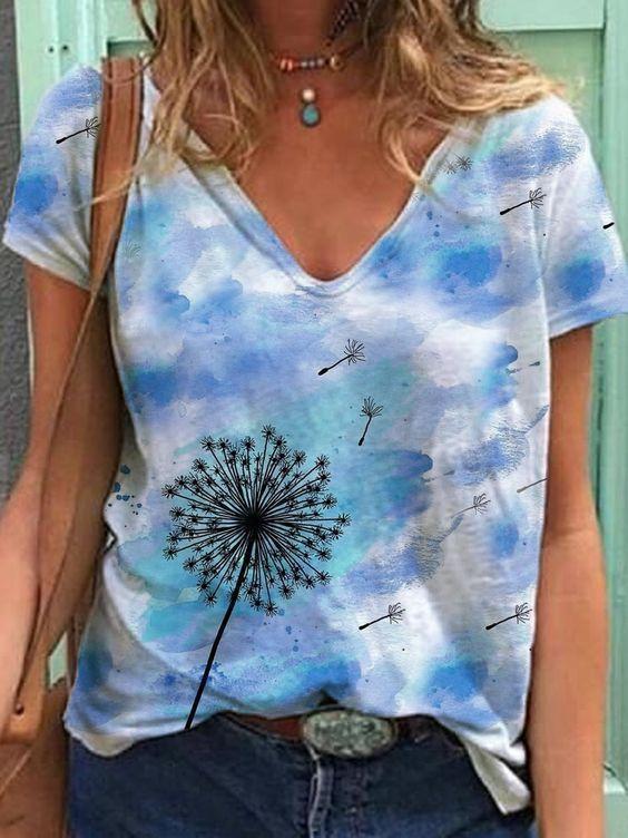 Women's T-Shirts Color Floral Flower 3D Print Summer V-Neck Short Sleeve T Shirt Y2K Tees Oversized Harajuku Top Female Clothing
