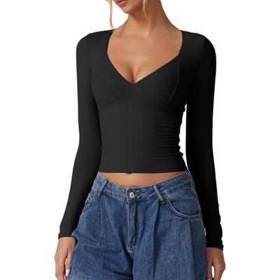 Women's Solid Color T-Shirts Long Sleeves Slim Fit Sweetheart Neck Fall Casual Tops
