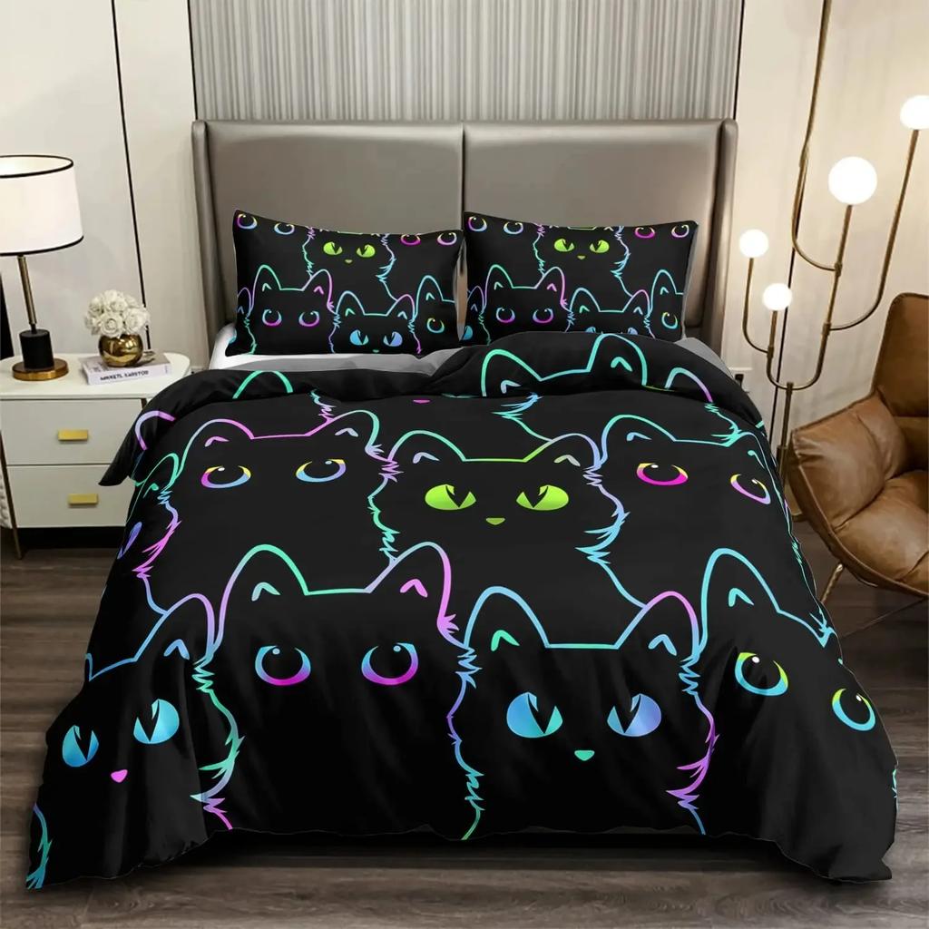Cartoon Cat Duvet Cover Set Pet Cat Comforter Cover Cute Kitten Neon Light Bedding Set 3D Cat Lover's Bedspread Cover