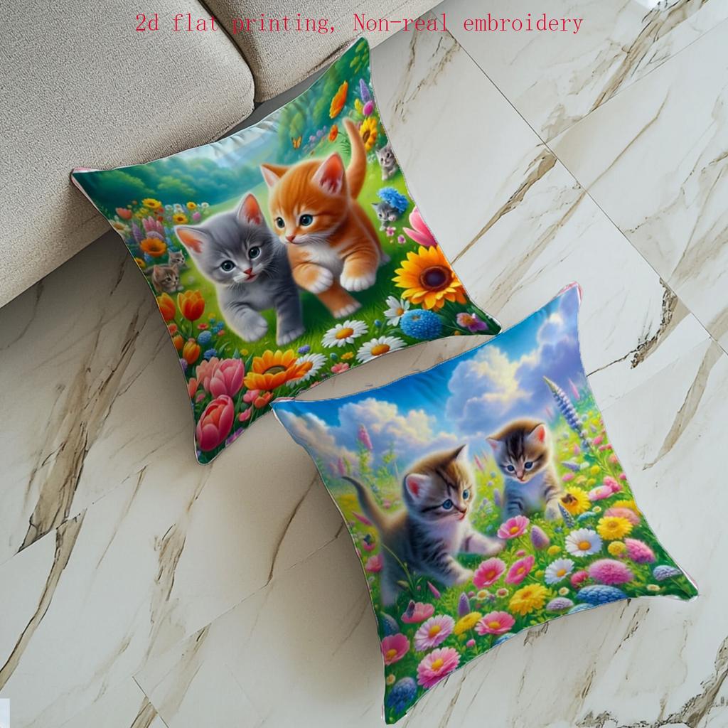 4pcs Set, 2D Flat Printing, Not Real Embroidery, Holiday Pillowcase Set, Spring-Themed Cozy Cat and Floral Pillowcase Set, Adorable Cats and Colorful