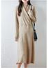 Women's V-Neck Knee-Length Pure Wool Dress - Loose Waist, Solid Color, Long Sleeve for Autumn/Winter